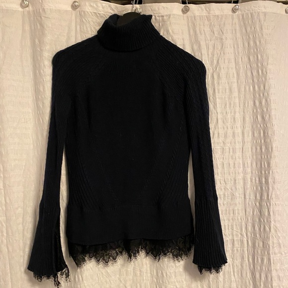 💚Banana Republic x Olivia palmero | Knit turtle neck sweater - blue w/lace trim - Picture 1 of 8